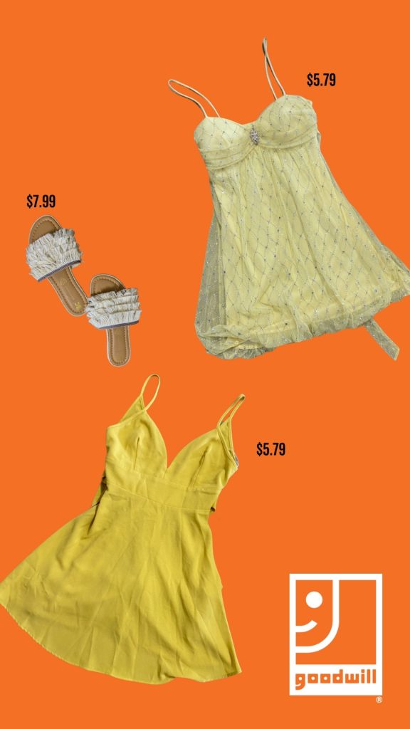 a yellow dress and sandals on an orange background