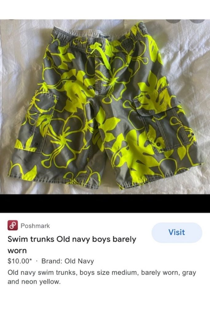 A pair of green swim trunks for sale