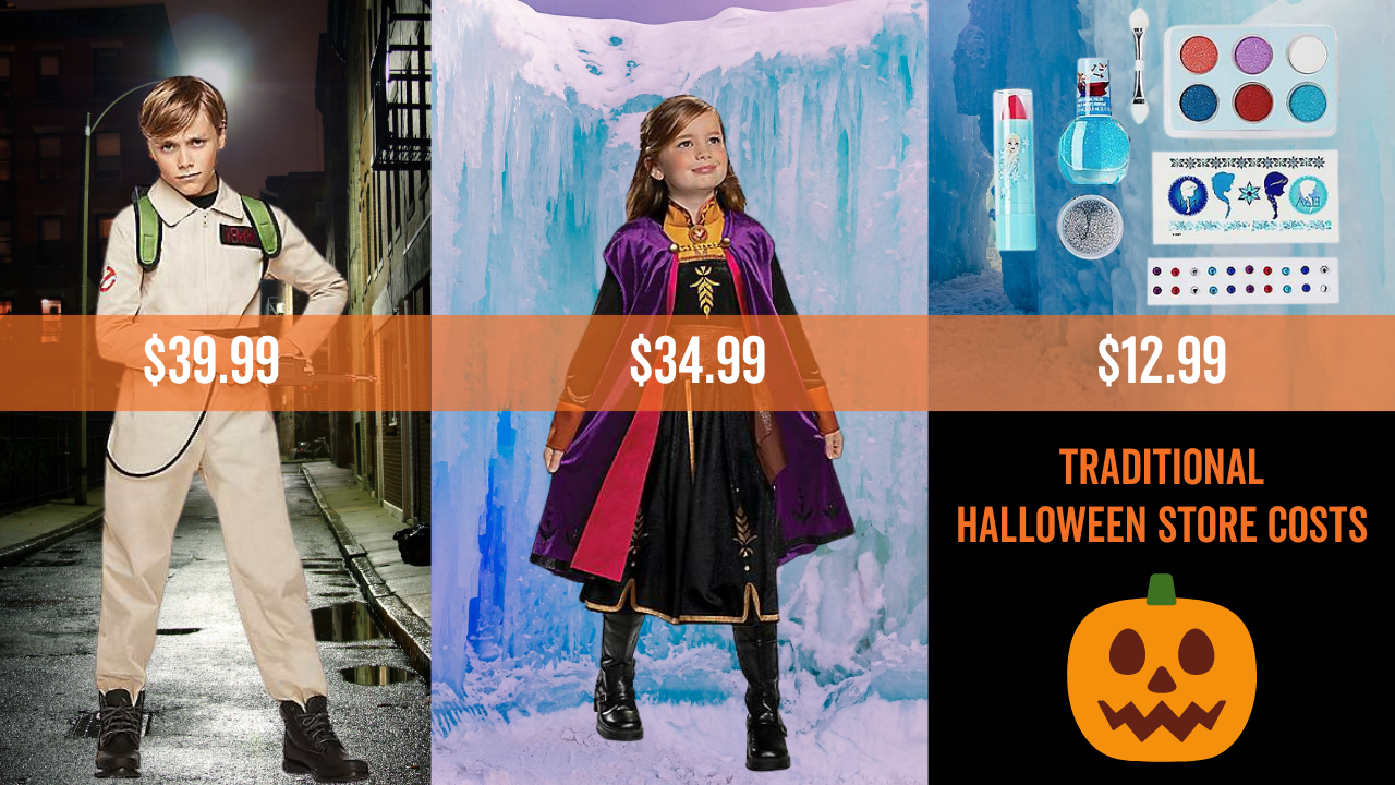 kids costumes. from left to right, a ghostbuster priced at $39.99, an Anna costume from Frozen priced at $34.99, and a makeup kit at $12.99